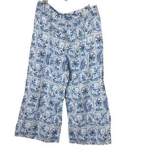 C&C California Linen Wide Leg Crop Pants Blue White Tropical Resortwear M